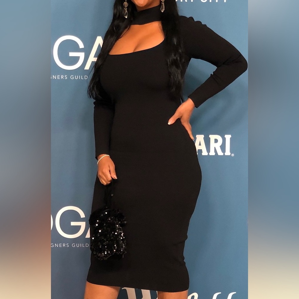Open neck ponti knit, long sleeve midi dress- black